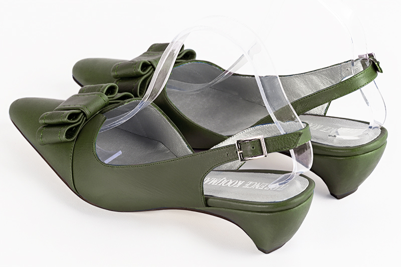Forest green women's open back shoes, with a knot. Tapered toe. Low wedge heels. Rear view - Florence KOOIJMAN